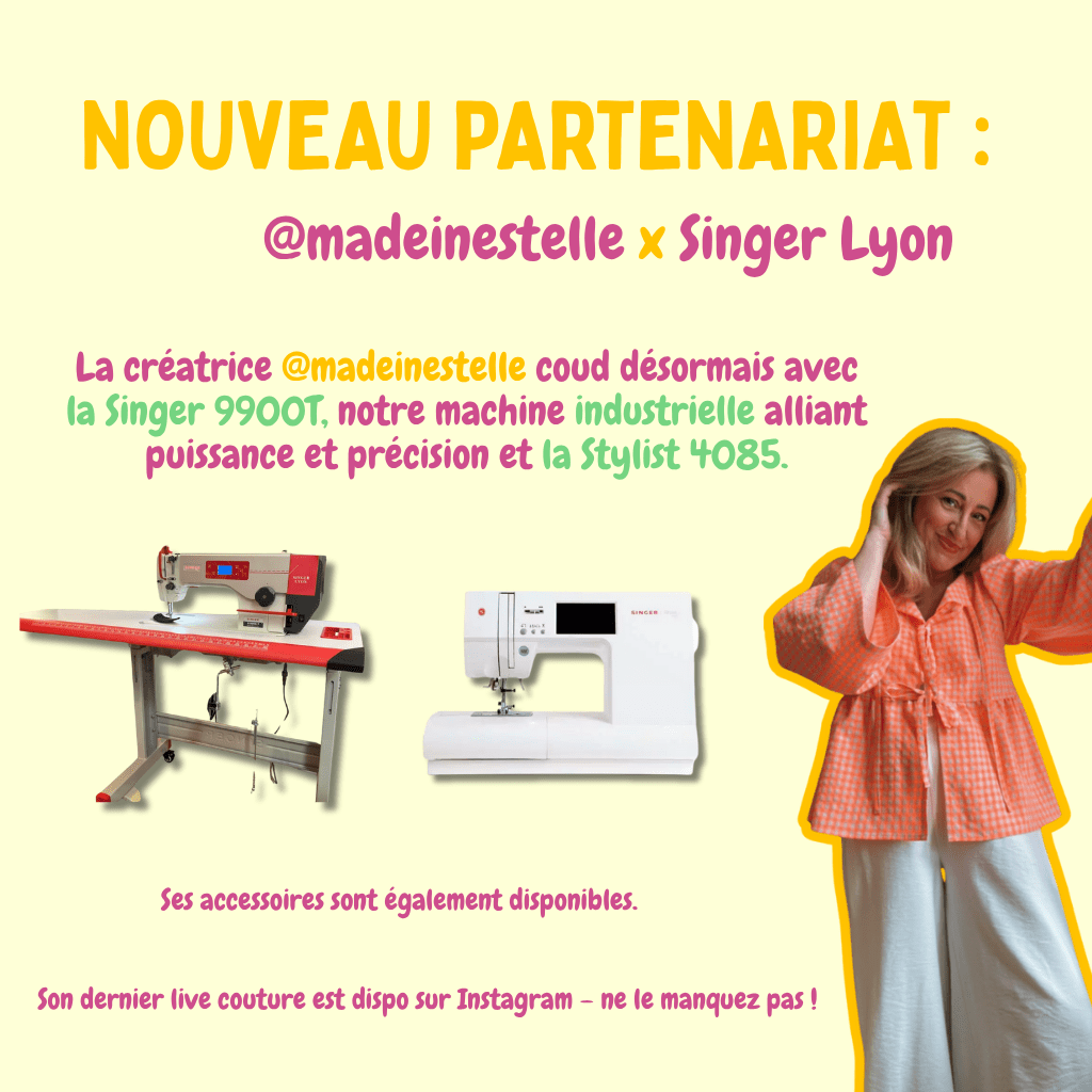Singer Lyon a le plaisir de collaborer avec @madeinestelle, créatrice engagée, passionnée de couture et véritable source d’inspiration pour toute une communauté. Sur son compte Instagram, elle partage avec authenticité ses créations, ses conseils techniques et ses coups de cœur, toujours avec un sens du détail et une exigence de qualité qui forcent l’admiration.